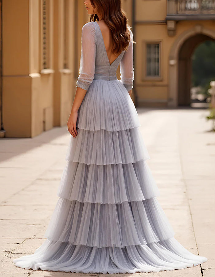 Gray Half Sleeved A-line Slit Ball Gown Maxi Dress