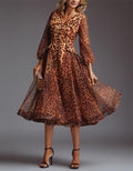 Brown Leopard Print Lapel Midi Dress