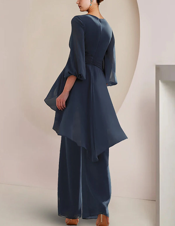 Dark Blue V-Neck Chiffon 3/4 Long Sleeve Jumpsuit