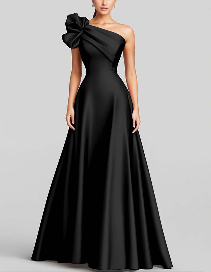 Vestido maxi de satén de un solo hombro de color sólido