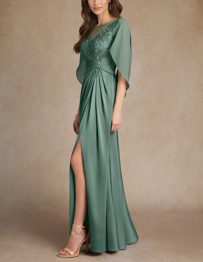 Robe maxi verte en dentelle et mousseline stretch à jupe évasée