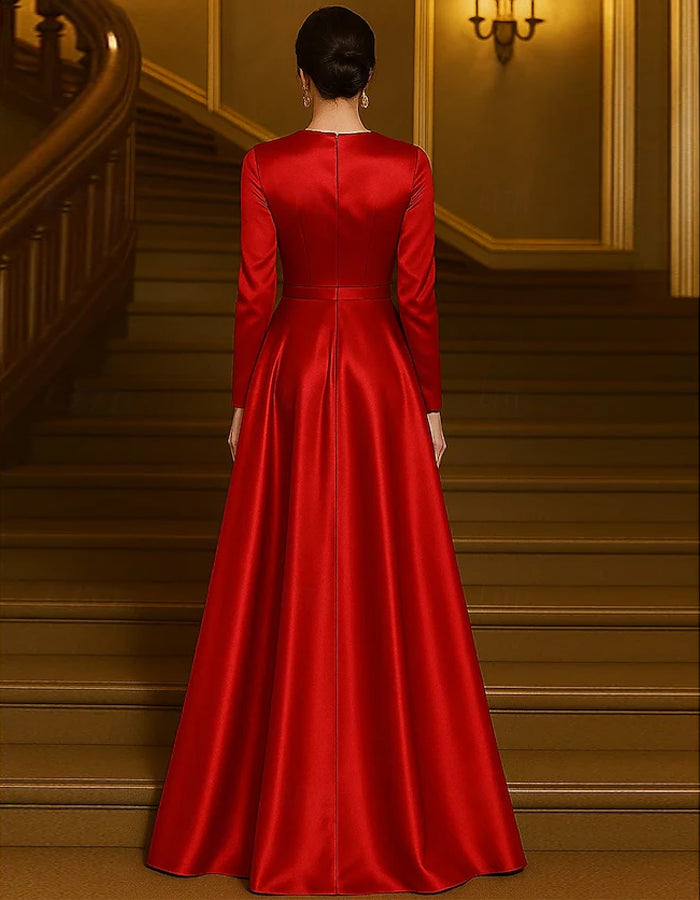 Robe longue en satin unie à col rond avec fleurs 3D