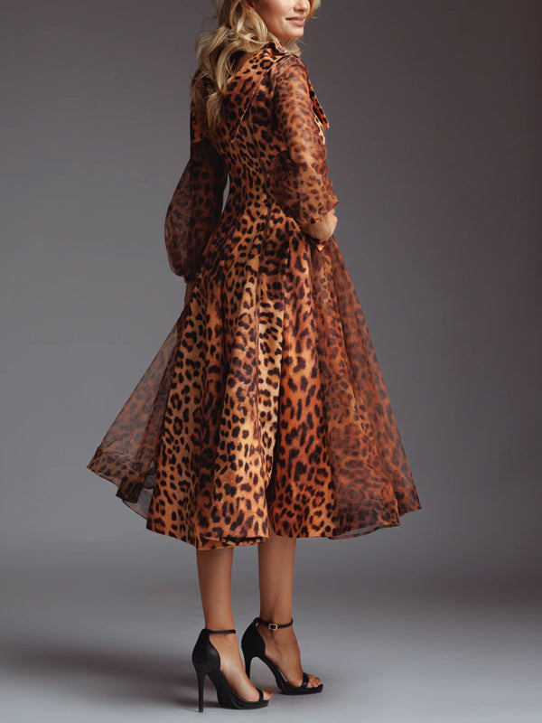 Brown Leopard Print Lapel Midi Dress