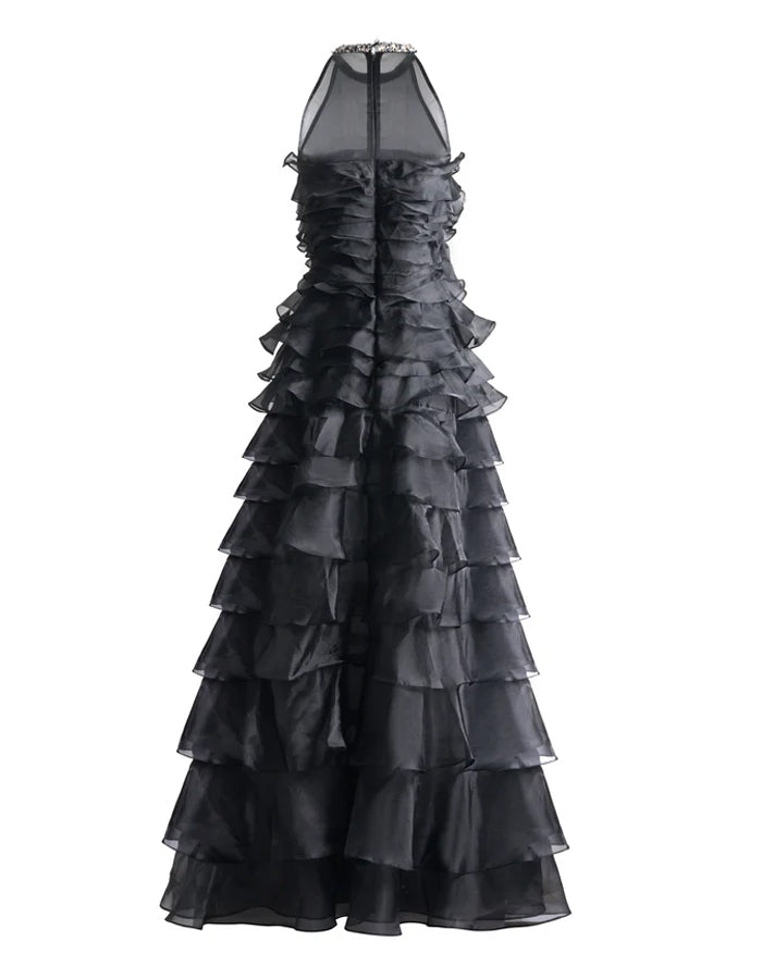 Robe maxi noire en organza à volants et couches, coupe trapèze