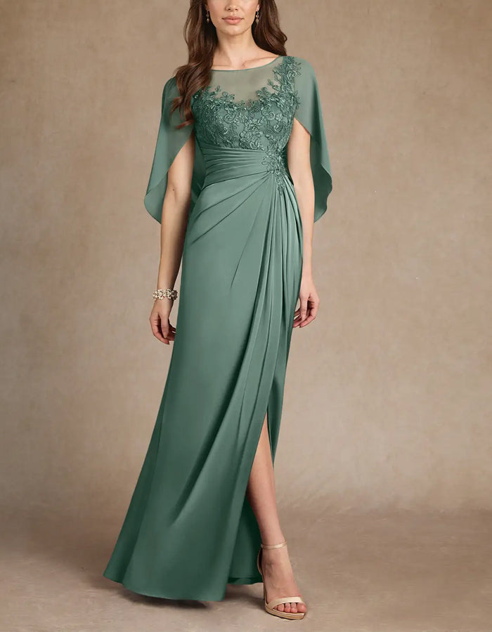 Grünes A-Linien Maxikleid aus Spitze und elastischem Chiffon