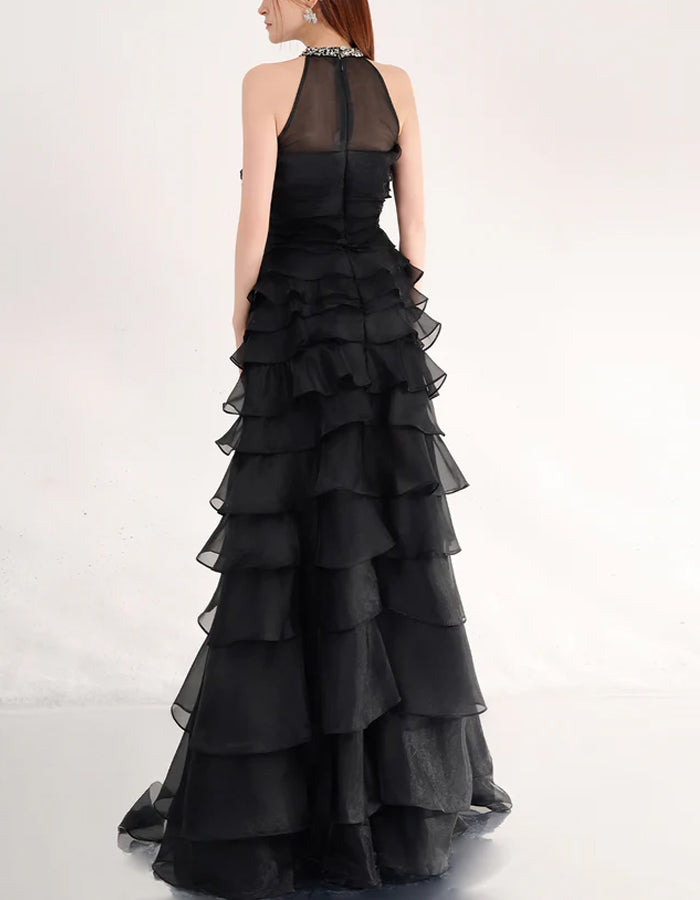 Robe maxi noire en organza à volants et couches, coupe trapèze