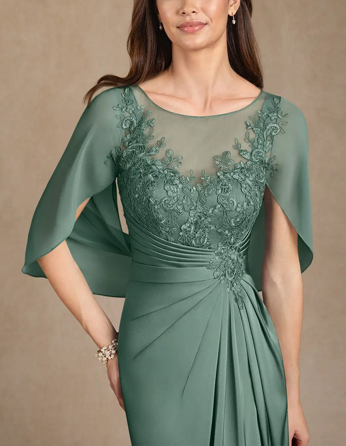 Robe maxi verte en dentelle et mousseline stretch à jupe évasée