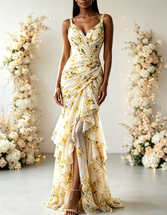 Yellow Floral V-Neck Chiffon Tiered Mermaid Maxi Dress