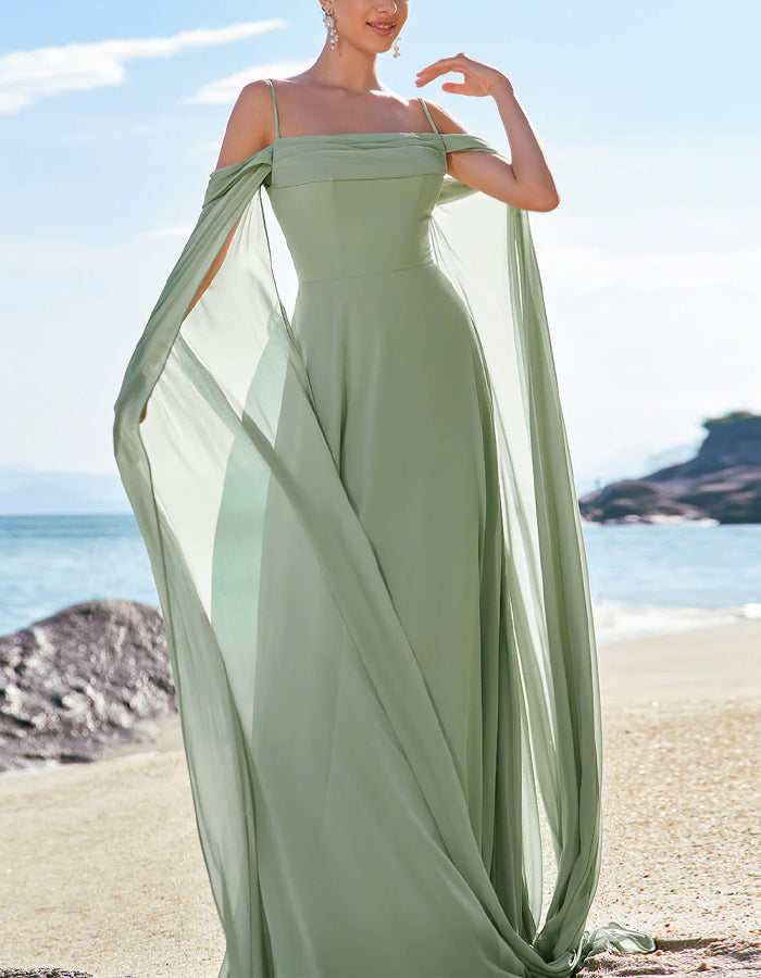 Light Green Off-the-shoulder Bridesmaid Dress with Detachable Sleeves