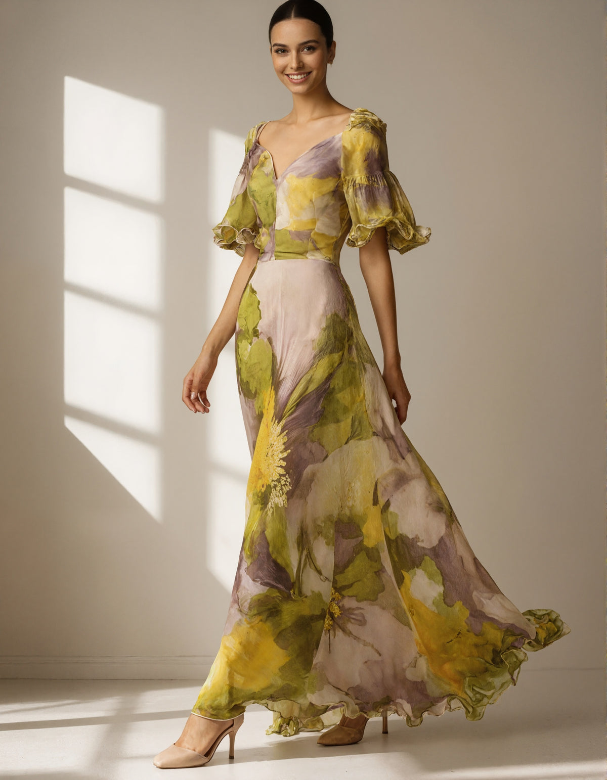 Maxikleid mit Blumenmuster und Rüschenärmeln