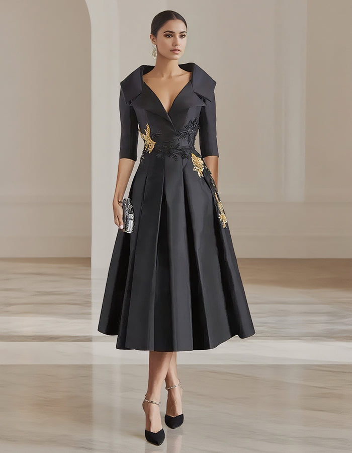 Elegant Satin Midi Dress with Embroidered Floral Appliqué and Folded Lapel Neckline