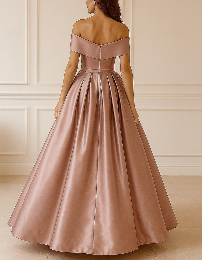 Robe maxi élégante trapèze longue au sol en satin à épaules dénudées et manches courtes