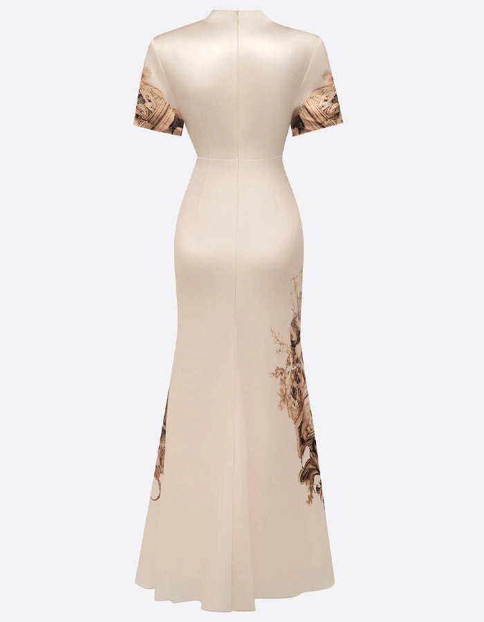 Elegant Cream Satin Gown with Baroque-Inspired Print and Structured Shoulders
