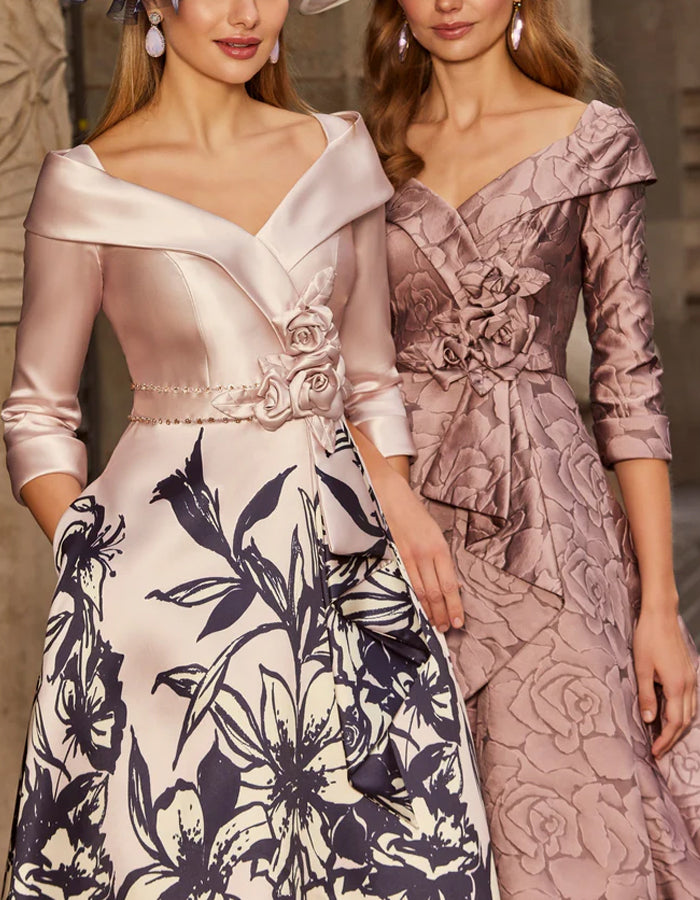 Robe midi de soirée de mariage en satin imprimé  