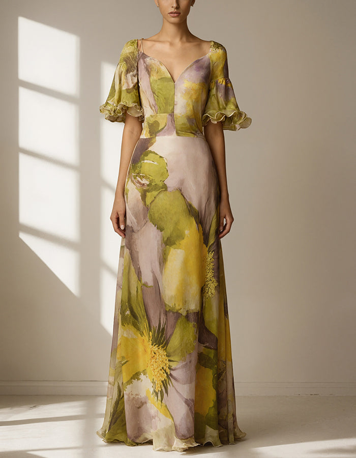 Maxikleid mit Blumenmuster und Rüschenärmeln