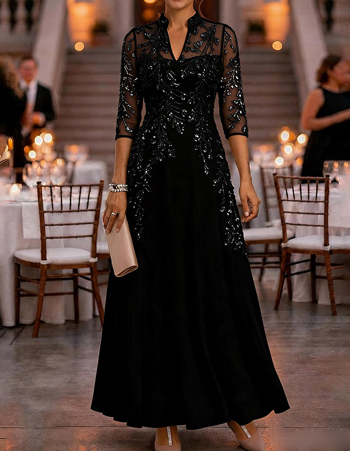Champagne 3/4 Sleeve Gold Sequin Floral Mesh Chiffon Maxi Dress