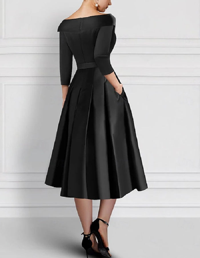 Rochie midi elegantă din satin cu aplicații florale brodate și guler cu rever pliat