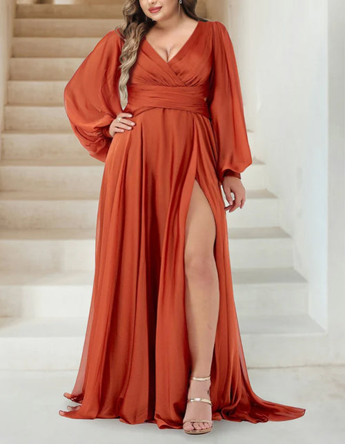 Vestido Maxi A-line com Decote em V, Mangas Compridas e Fendas Laterais até ao Chão