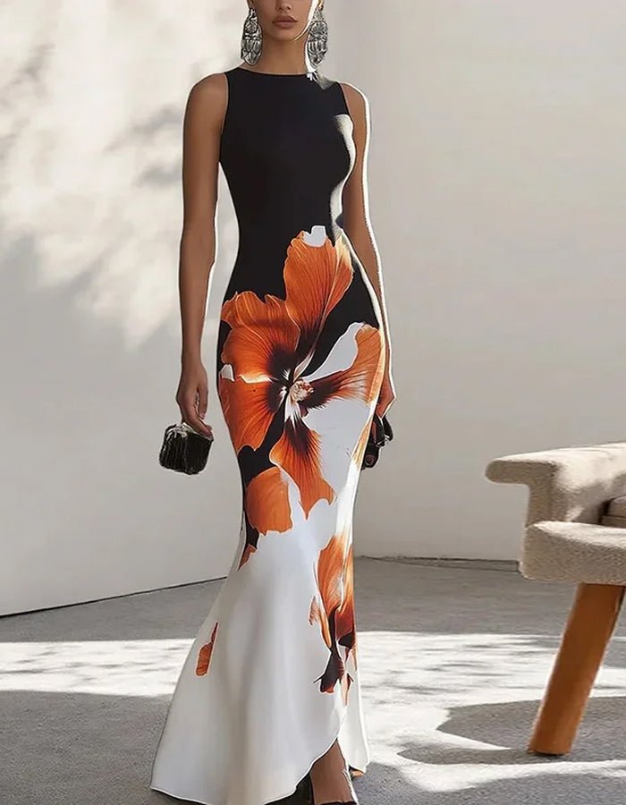 Abito lungo elegante senza maniche con stampa floreale e scollo a incrocio