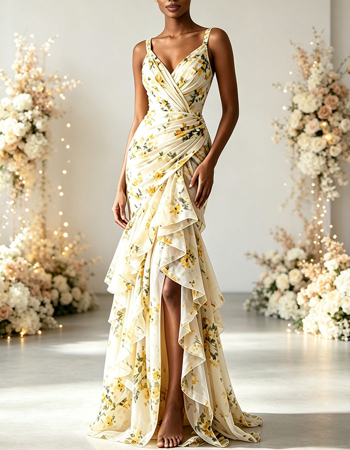 Yellow Floral V-Neck Chiffon Tiered Mermaid Maxi Dress
