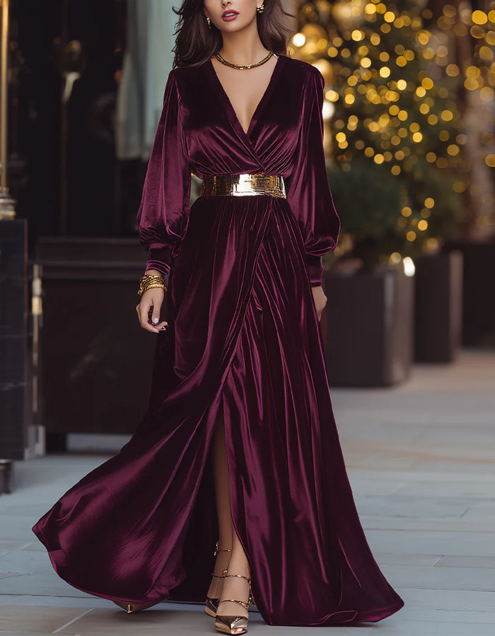 Dark Burgundy Velvet Long Sleeves Maxi Dress(Without Belt)