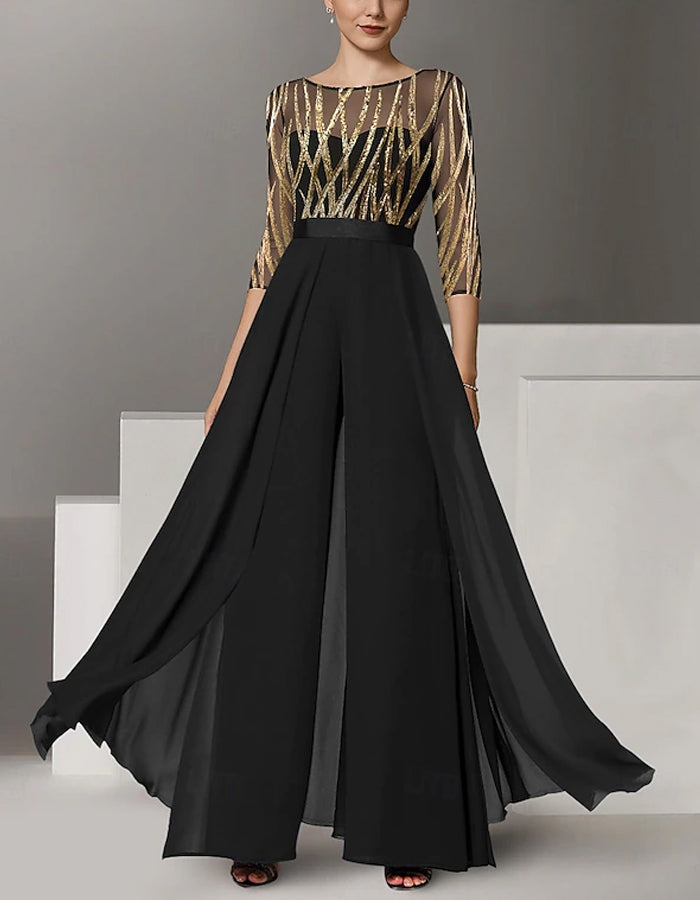 Macacão de Chiffon Preto e Dourado com Blocos de Cor