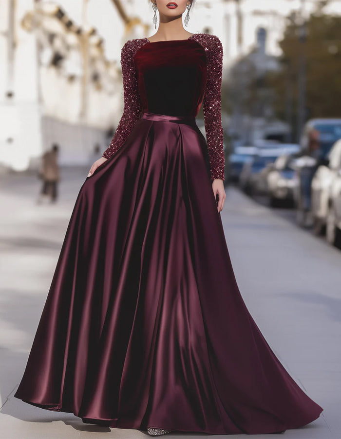 Burgundy Velvet Sequined Satin Patchwork Maxi Dress