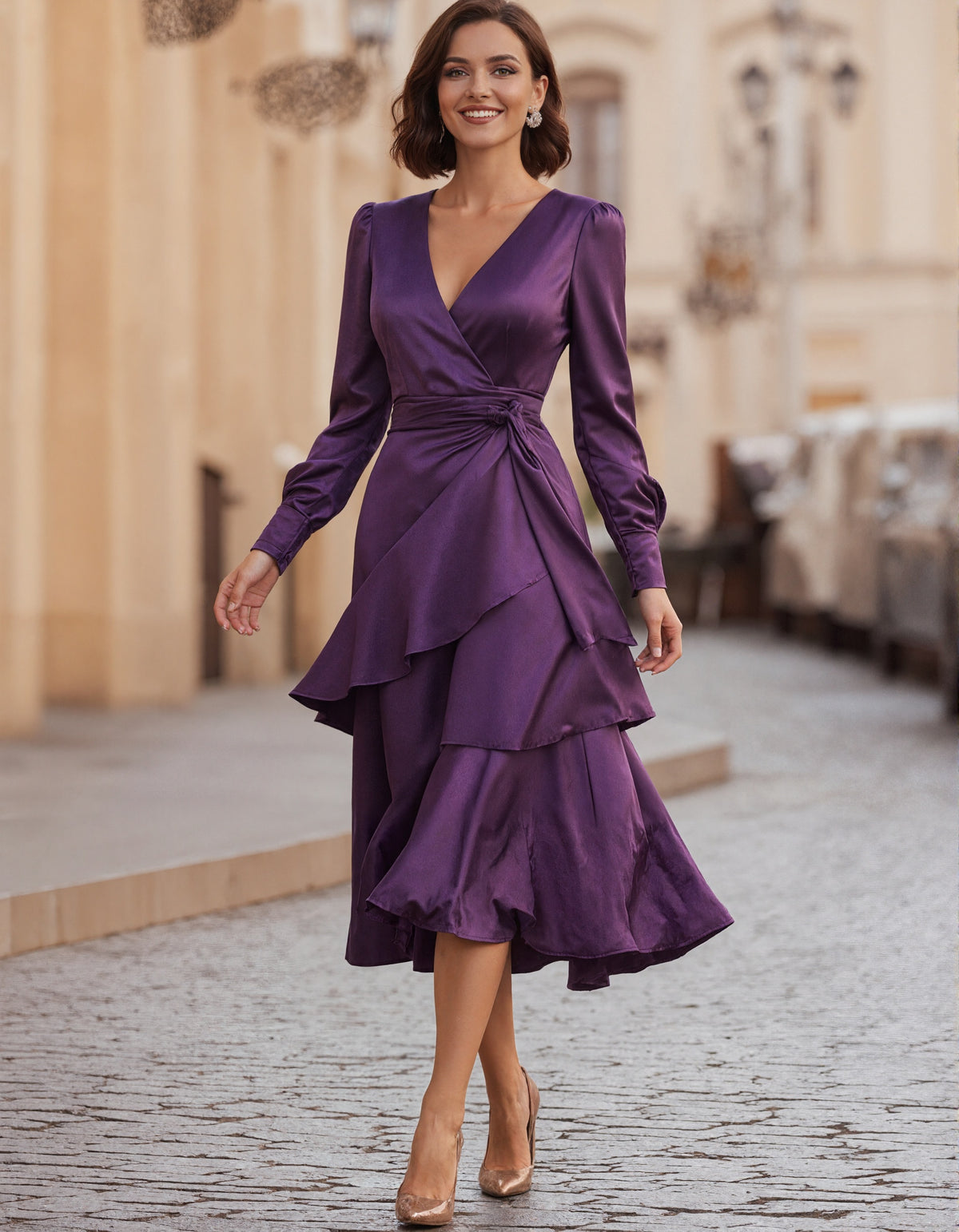 Dunkelviolettes Midi-Kleid aus Satin mit mehrlagigem Saum