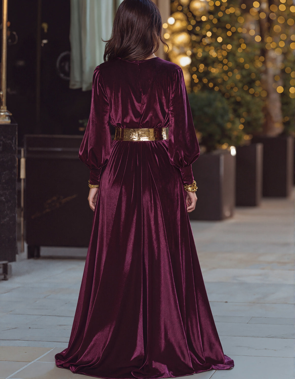 Vestido Maxi de Veludo Borgonha Escuro com Mangas Longas (Sem Cinto)