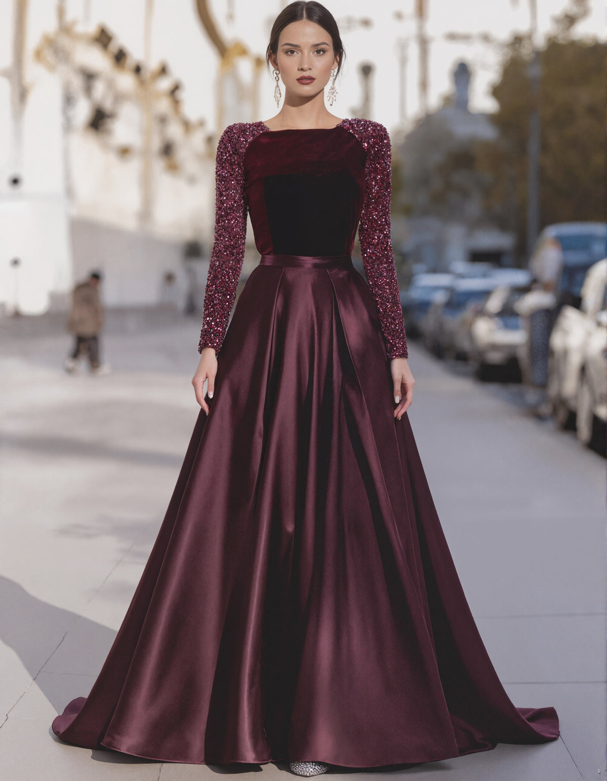 Rochie maxi din catifea burgundy cu paiete și patchwork din satin