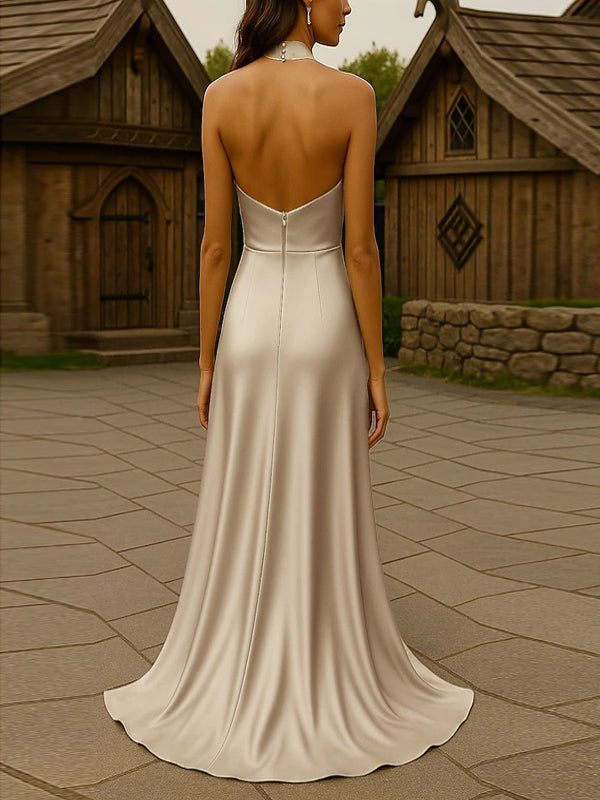 Vestido Maxi de Cetim sem Mangas com Gola Cowl
