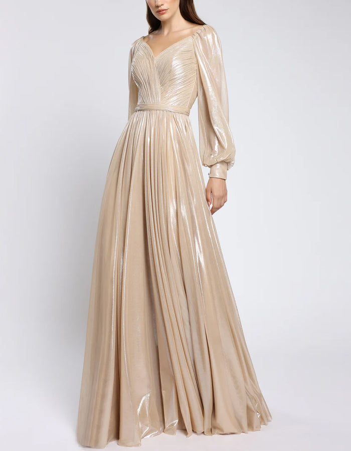 Vestido Maxi Longo de Tule Metálico Dourado Claro