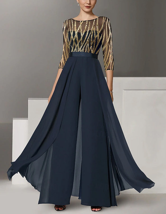 Macacão de Chiffon Preto e Dourado com Blocos de Cor
