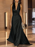 Sleeveless Scarf Collar Satin Maxi Dress