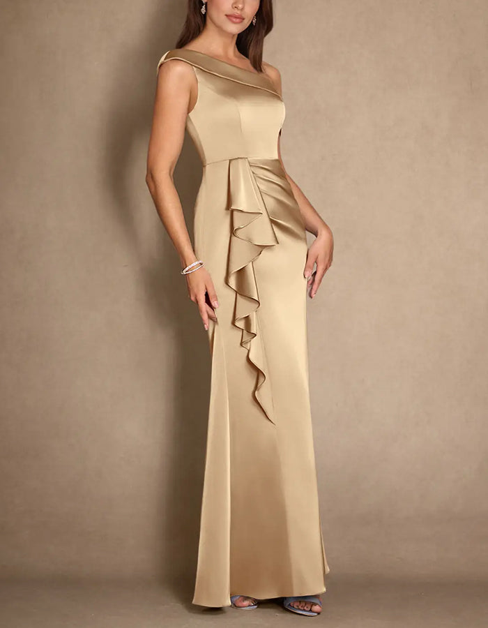 Abito lungo a-linea plissettato in raso stretch color champagne