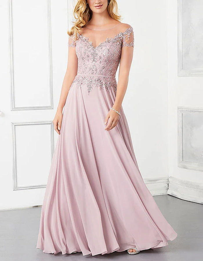 Maxikleid mit Rundhalsausschnitt aus Spitze und Chiffon  