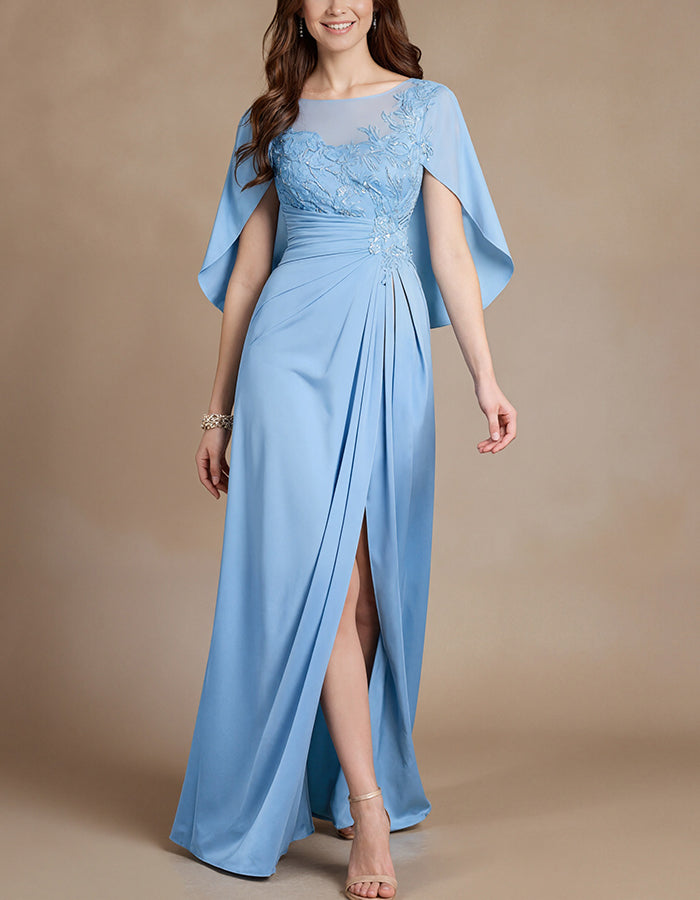 Robe de soirée élégante vert eucalyptus à manches cape avec détails en dentelle