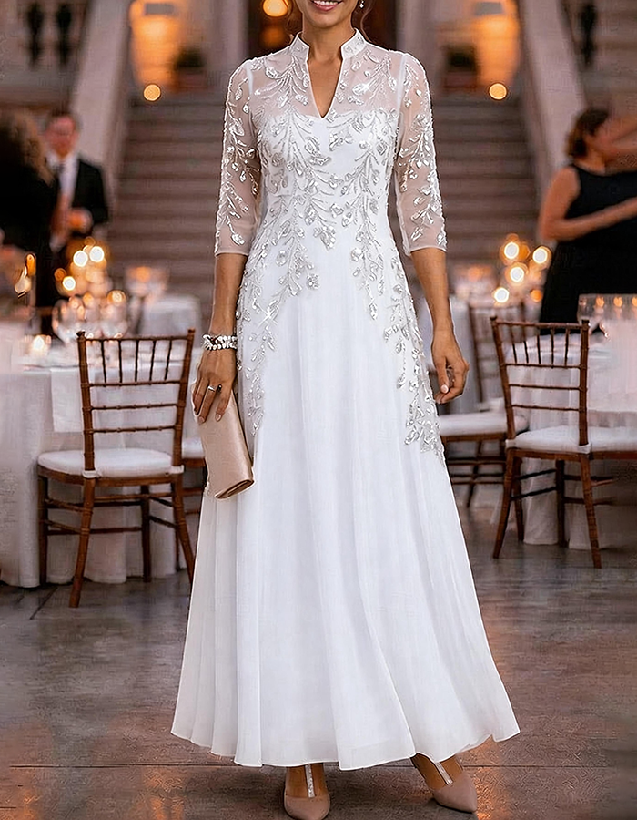 Champagne 3/4 Sleeve Gold Sequin Floral Mesh Chiffon Maxi Dress