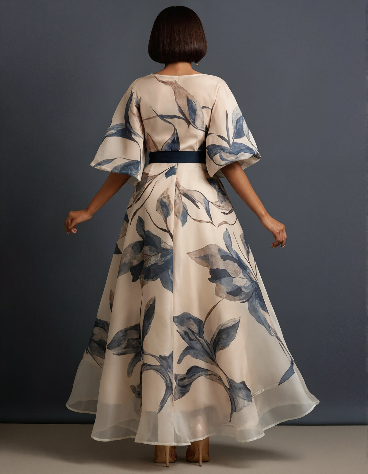 Navy Floral High-Low Hem Sash Belt Organza Gown