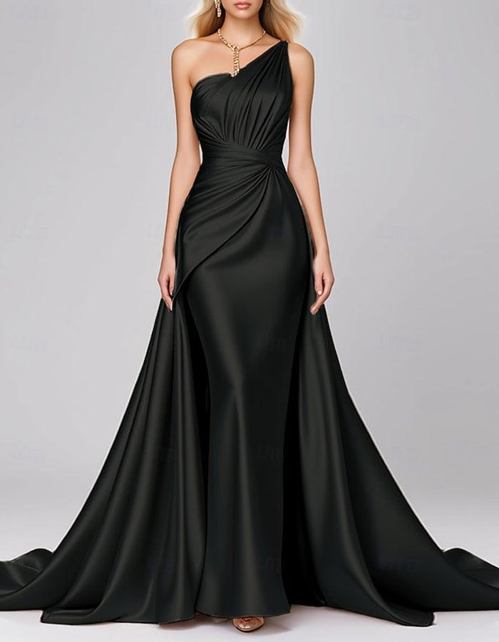 Einfarbiges ein-Schulter Stretch-Satin plissiertes Maxikleid  