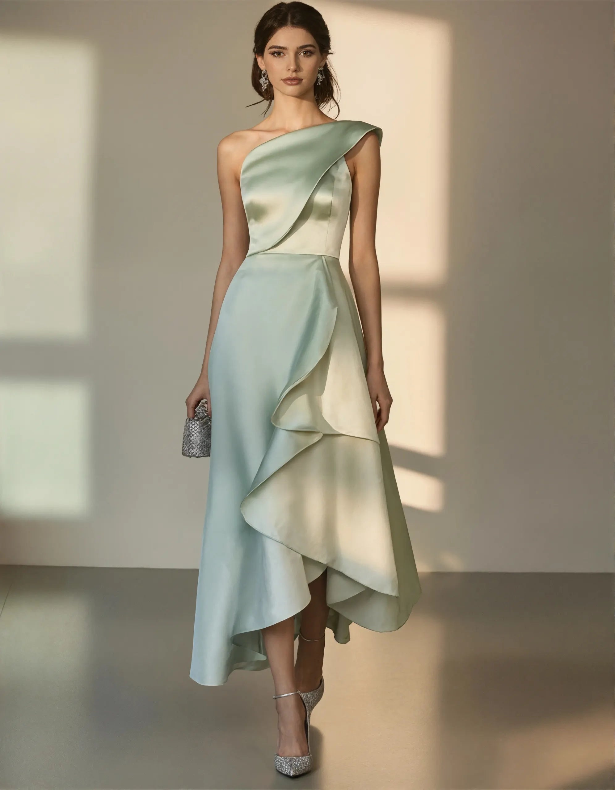 Vestido de cetim verde menta com um ombro só e folho assimétrico