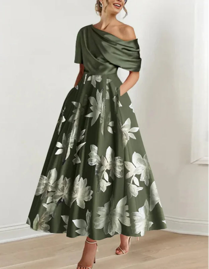 Vestido Midi Retro de Ombros Descobertos com Estampa e Costura em Cor Sólida