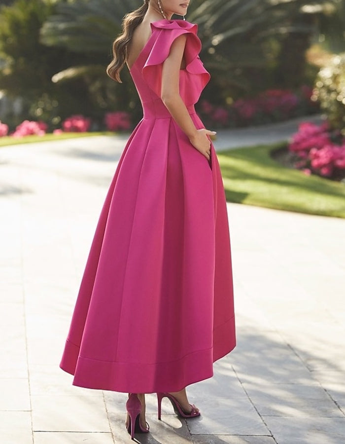 Robe midi évasée asymétrique sans manches à une épaule avec volants  