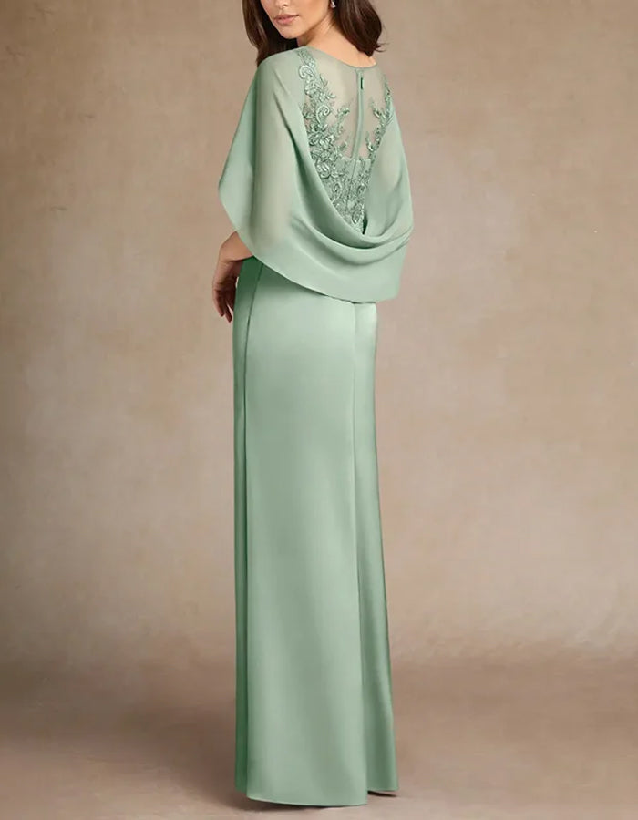 Robe de soirée élégante vert eucalyptus à manches cape avec détails en dentelle