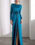 A-line Long-sleeved Shirt Collar With Elastic Satin Shoulder Flowers Maxi Dress