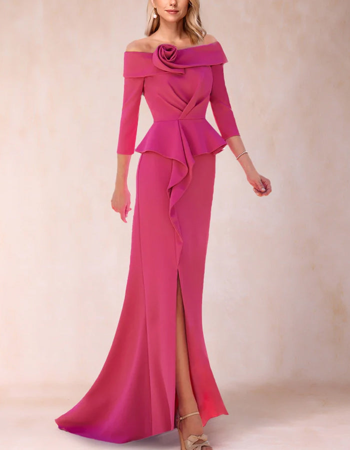 Vestido maxi rojo rosa con aberturas laterales con volantes