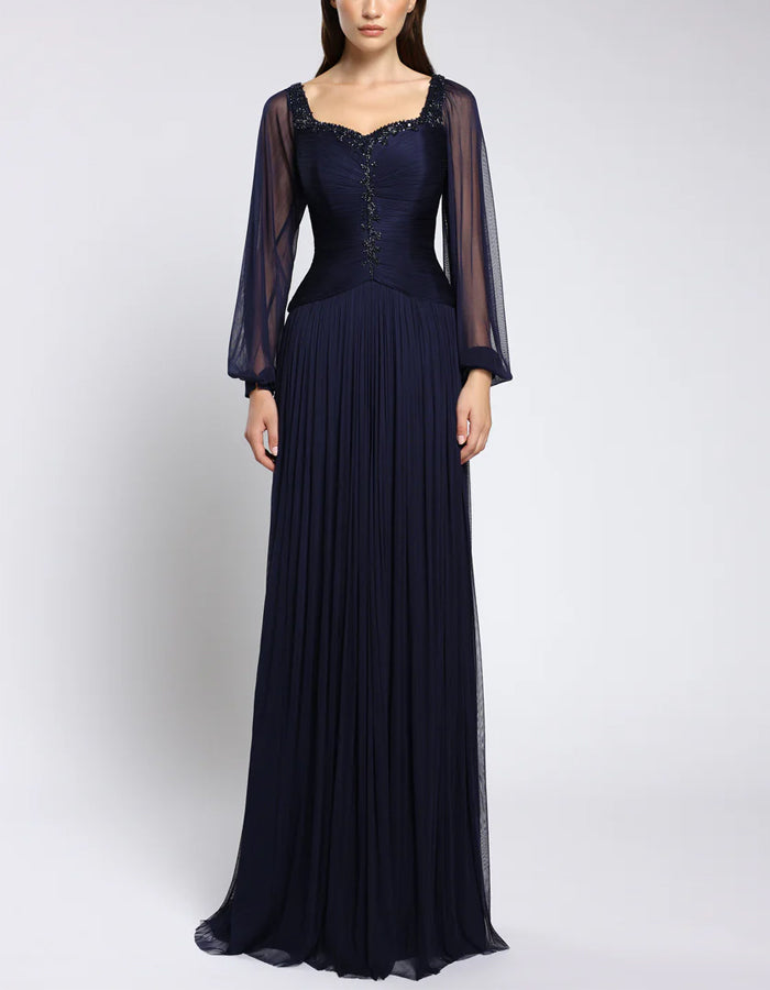 Abito lungo da sera in chiffon blu scuro