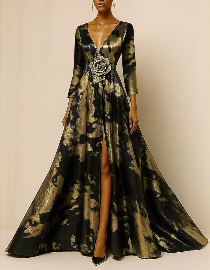 Vestido Maxi Preto e Dourado em Linha A com Decote em V e Estampa Floral