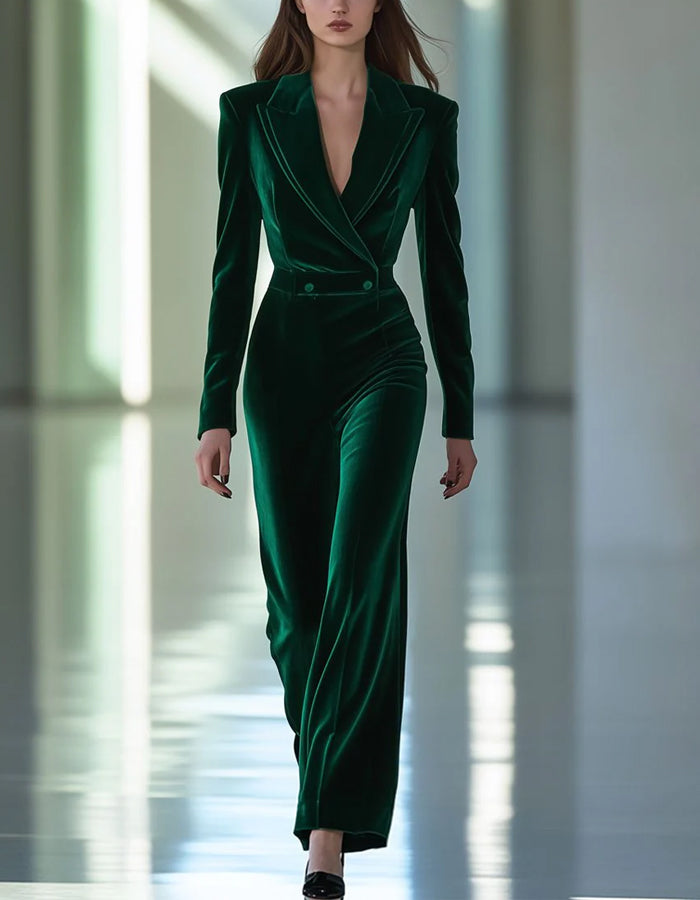 Traje de manga larga de terciopelo verde vintage con solapa