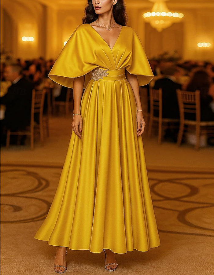 Vestido largo maxi de satén de color sólido con mangas cortas y escote en V